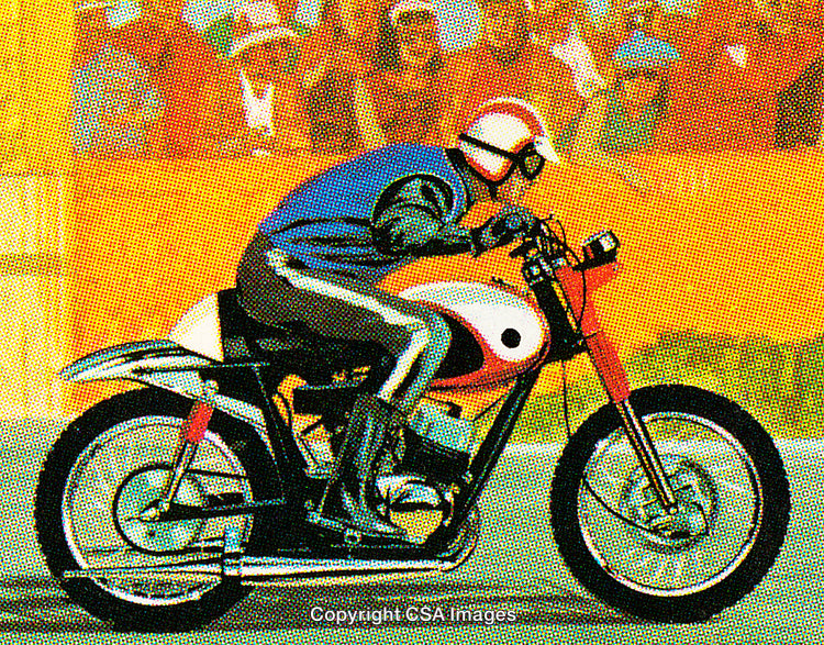 Motorcycle Racer Competes in Vintage Style Illustration with Vibrant Colors