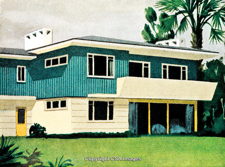 Two-Story Modern Home Surrounded by Tropical Plants in Vibrant Color Illustration