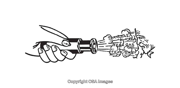 Hand Spray Painting Tear Gas Words in Black and White Line Art