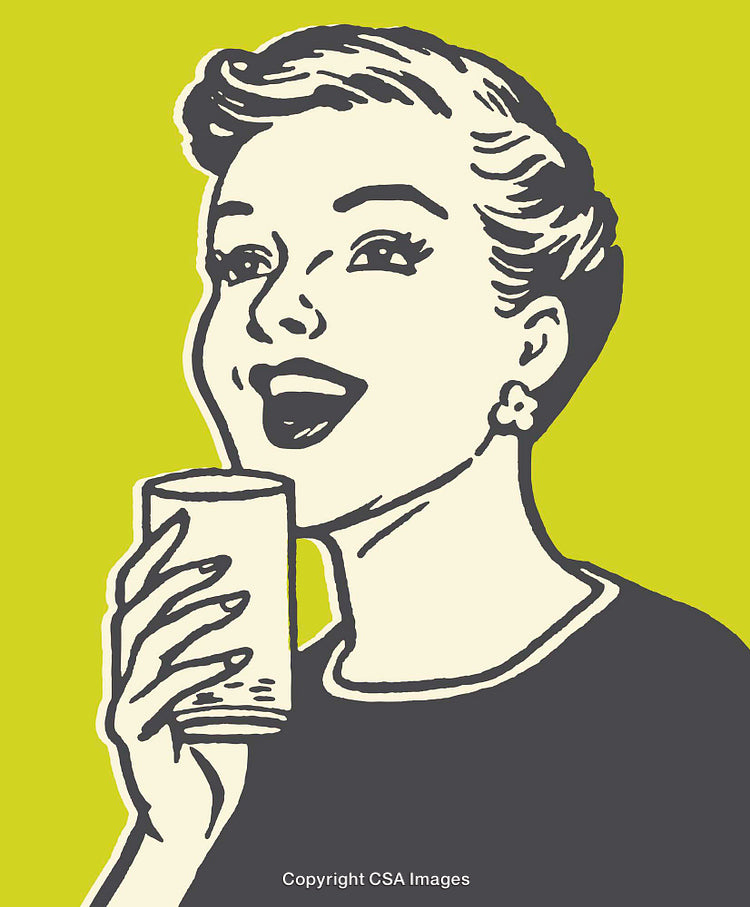 Retro Illustration of a Smiling Woman Enjoying a Drink on a Vibrant Background
