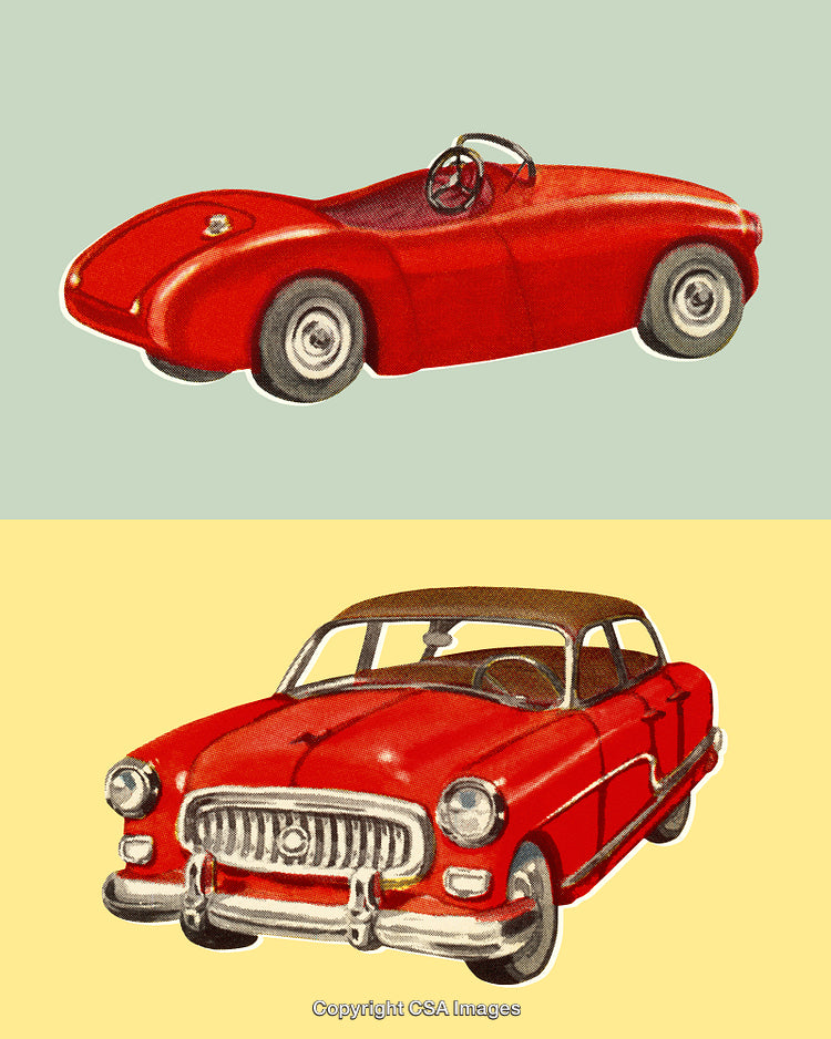 Classic Red Vintage Cars Illustrated on Colorful Backgrounds