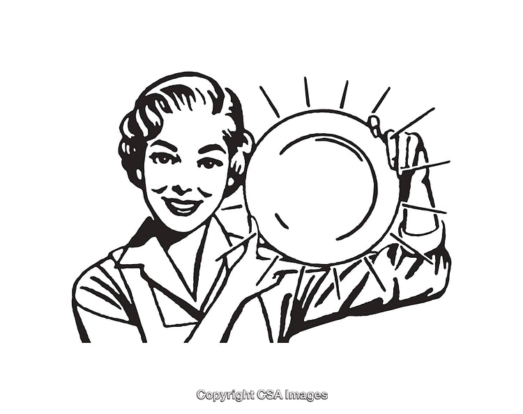 Retro Line Art of Woman Holding Clean Shining Plate