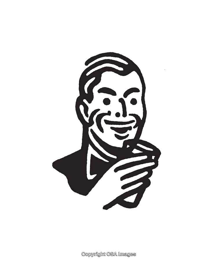 Black and White Line Art Illustration of a Smiling Man Holding a Cup