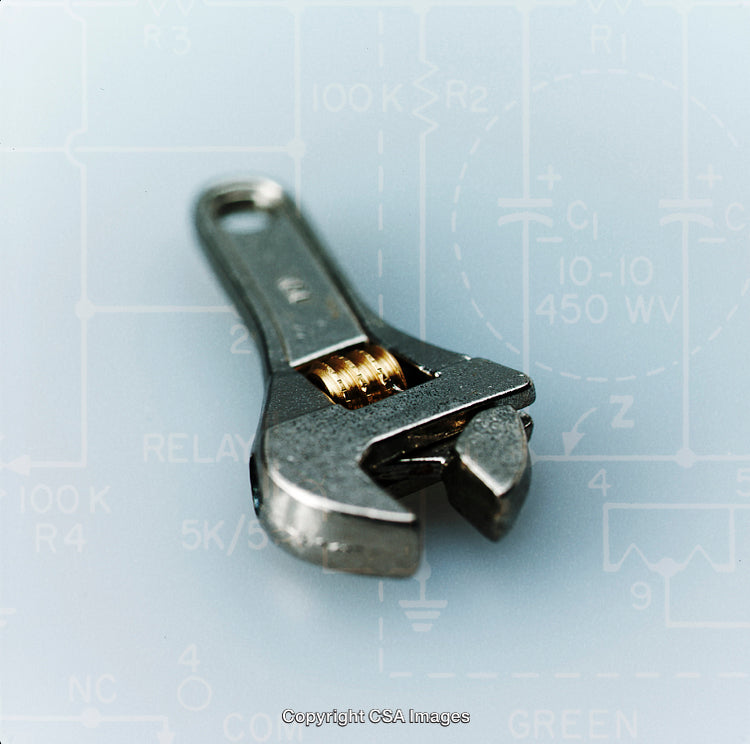 Adjustable Wrench Tool with Technical Blueprint Background Design