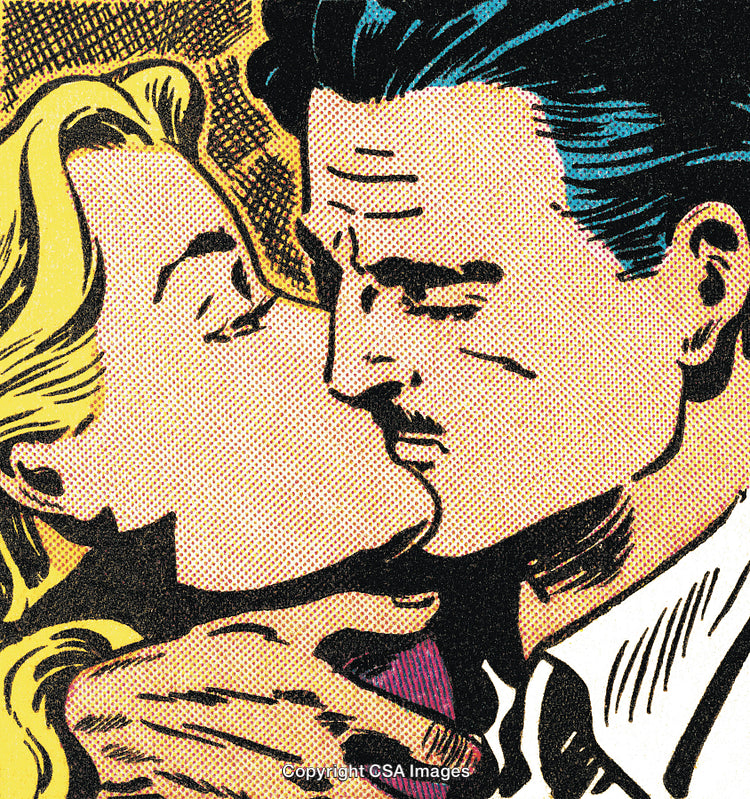 Romantic Comic Style Illustration of a Couple Sharing a Passionate Kiss