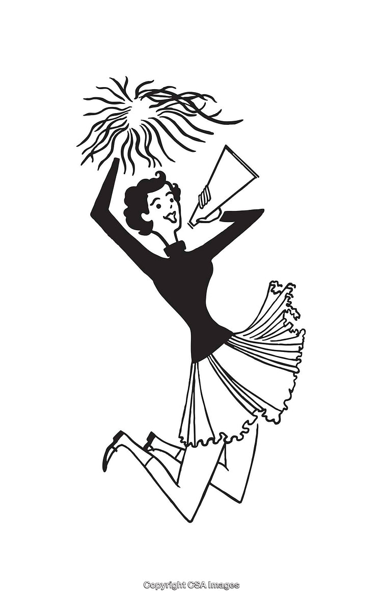 Cheerful Retro Cheerleader Jumping with Pom-Poms and Megaphone in Hand