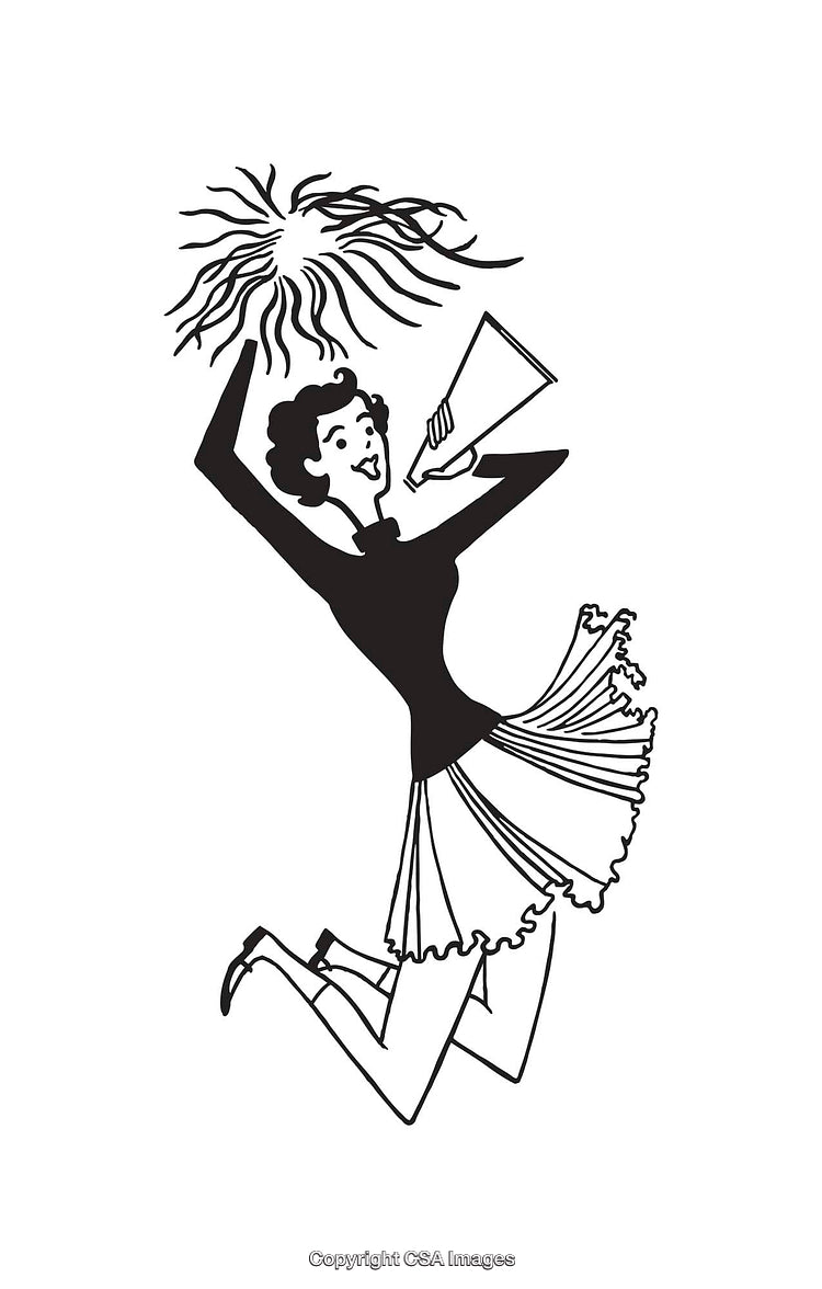 Cheerful Retro Cheerleader Jumping with Pom-Poms and Megaphone in Hand