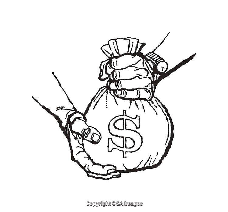 Black and White Line Art Illustration of a Money Bag Transaction