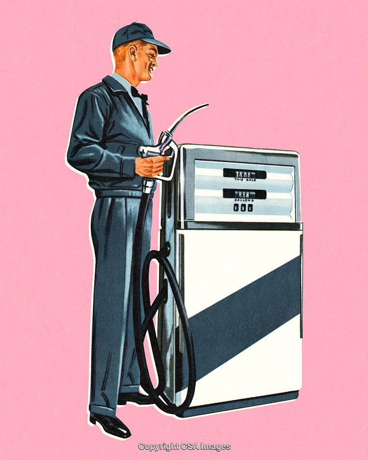 Service Station Attendant Holding Fuel Pump by a Vintage Gas Pump
