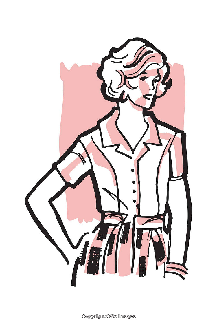 Stylized Illustration of a Woman in Vintage Clothing on a Pink Background