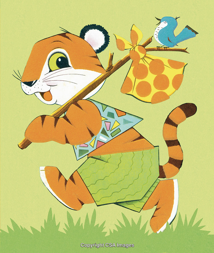 Playful Tiger Cub Carrying Sack with Bird Companion Cartoon Illustration