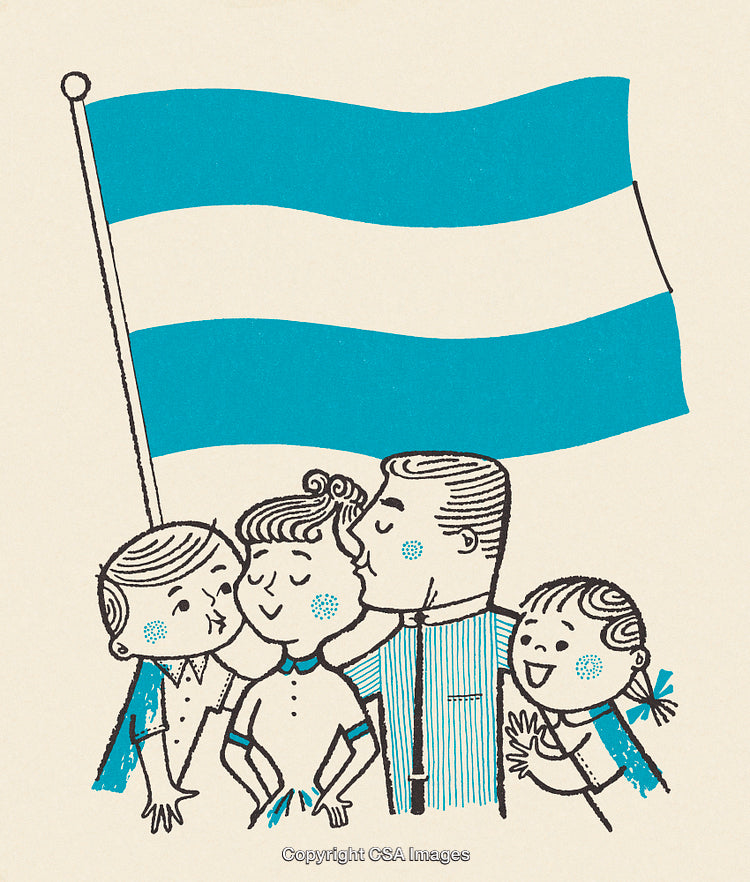 Vintage Family Illustration with Flag in Blue and White Colors