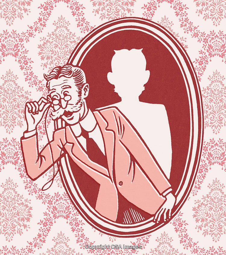 Vintage Illustration of a Gentleman Peeking Through an Ornate Frame