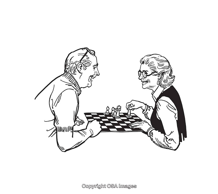 Elderly Couple Playing Chess in Black and White Line Art