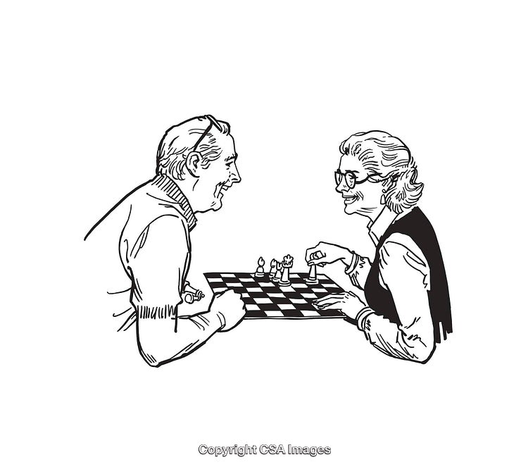 Elderly Couple Playing Chess in Black and White Line Art