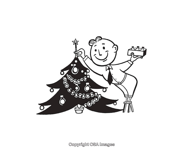 Retro Style Illustration of Man Decorating a Christmas Tree