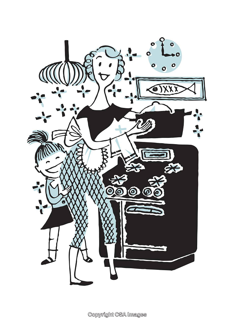 Retro Illustration of a Mother and Child Cooking Together in the Kitchen