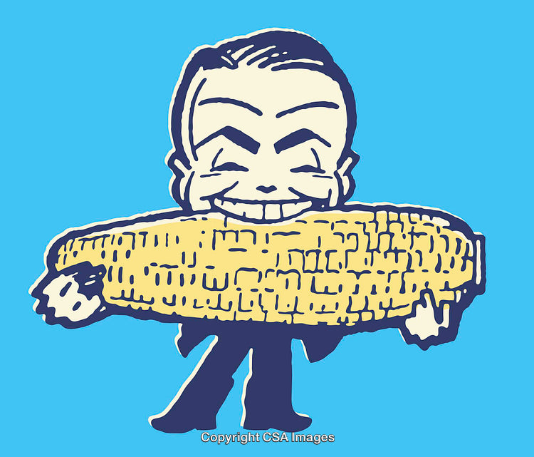 Humorous Cartoon Figure Eating Corn on the Cob in Line Art Style