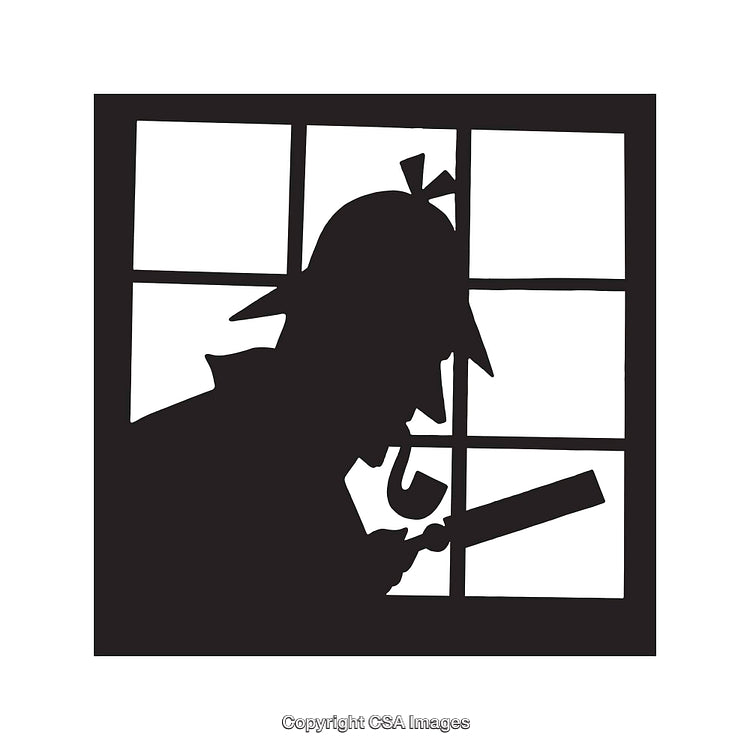 Silhouette of Detective Character Investigating Through Window in Monochrome Style