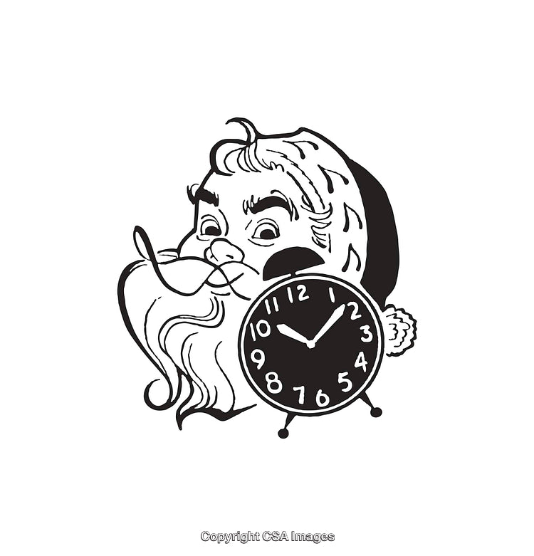 Black and White Santa Illustration with Alarm Clock Icon