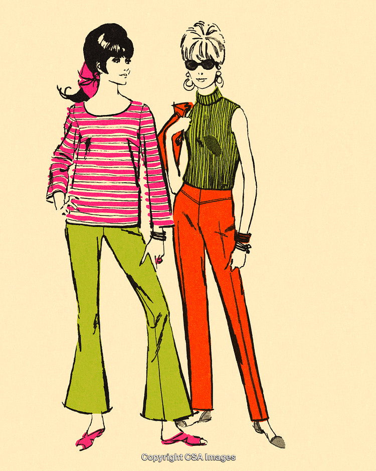 Retro Fashion Illustration Featuring Two Women in Vintage Outfits