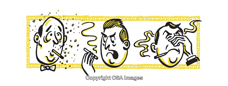 Humorous Color Illustration Depicting Smoking-Related Reactions and Emotions