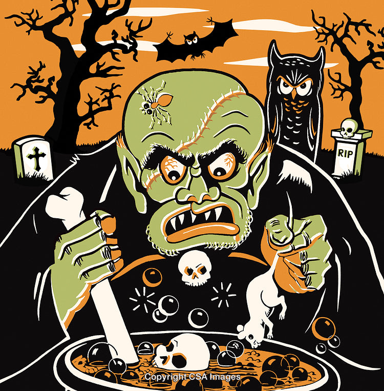 Illustration of a Green Monster Cooking in a Spooky Halloween Setting