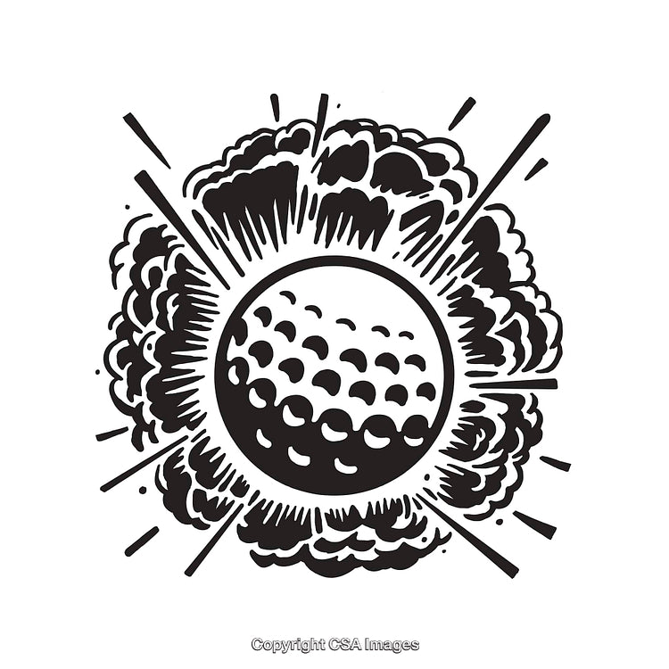 Explosive Black and White Line Art of a Golf Ball Impact
