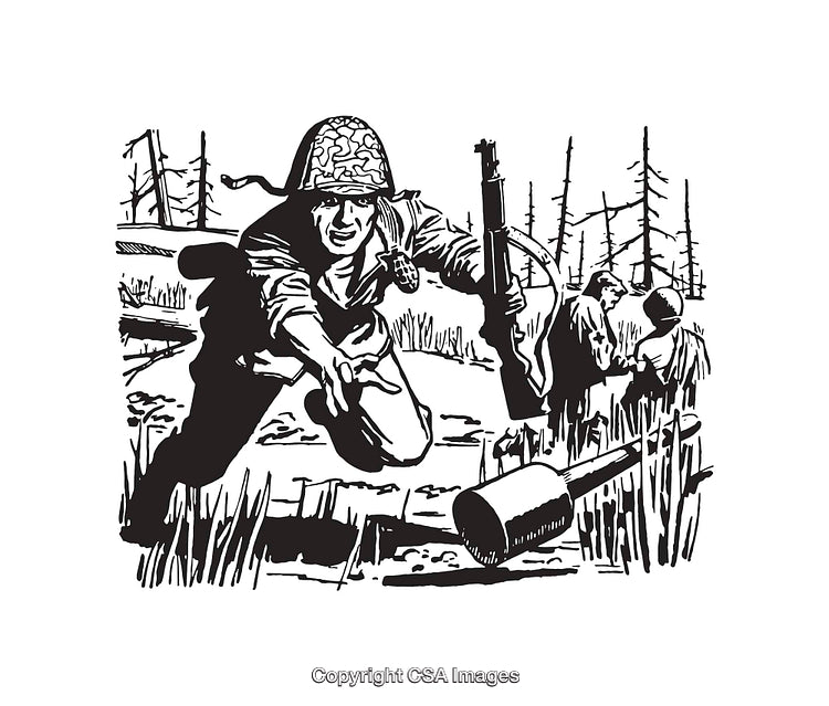 Vintage Black and White Illustration of Military Soldiers in Battlefield