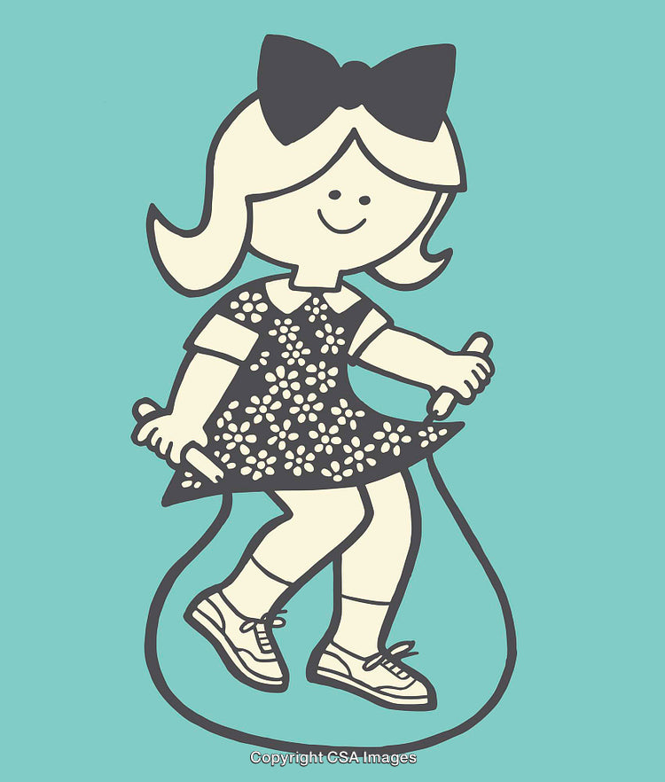 Child Skipping Rope Illustration With Floral Dress on Teal Background