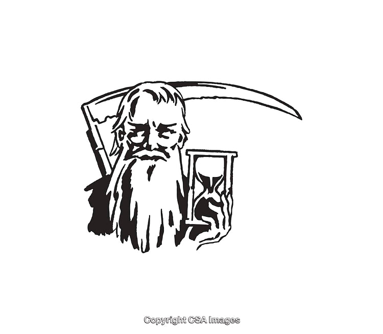 Black and White Line Art Illustration of Grim Reaper with Hourglass