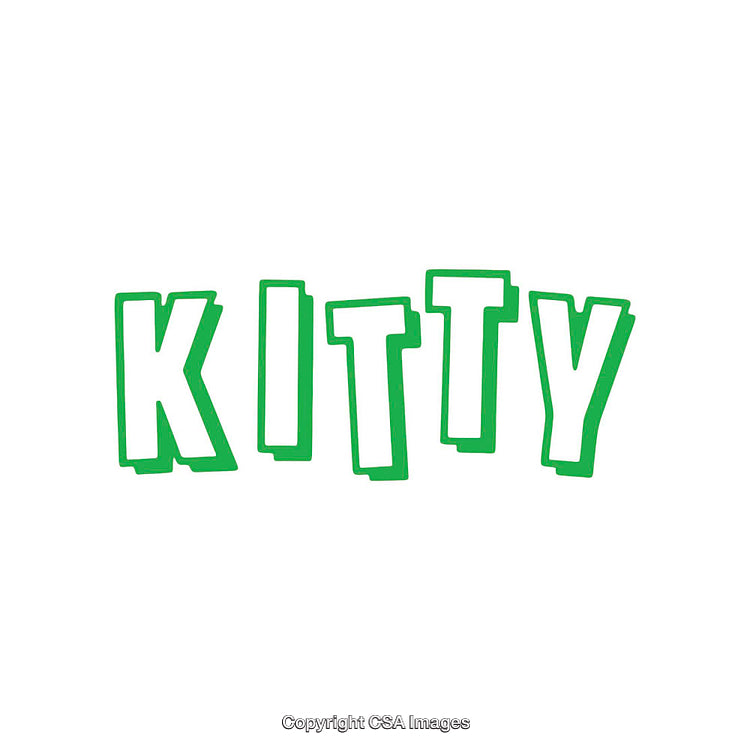 Kitty Text Illustration in Green Outlined Block Letters on White Background
