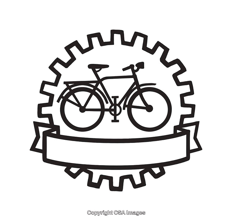 Black and White Line Art Logo Featuring a Bicycle Inside a Gear Shape