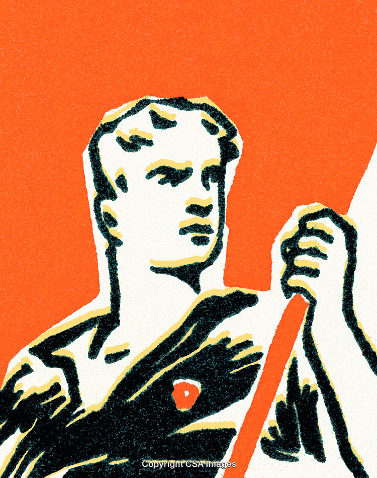 Illustration of a Determined Man Holding a Flag Against Bold Red Background