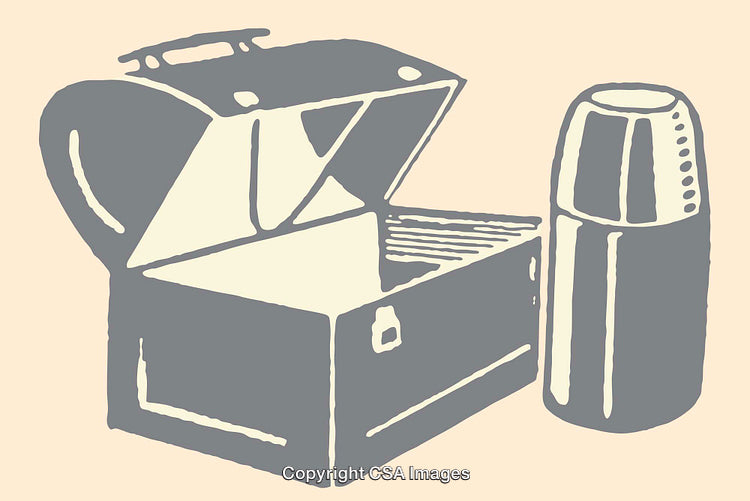 Retro Style Illustration of Lunchbox and Thermos in Monochromatic Tones