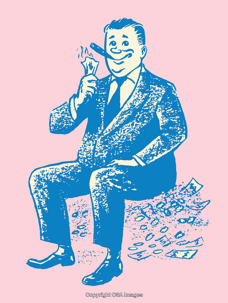 Illustration of a Smiling Businessman Sitting Among Money and Coins