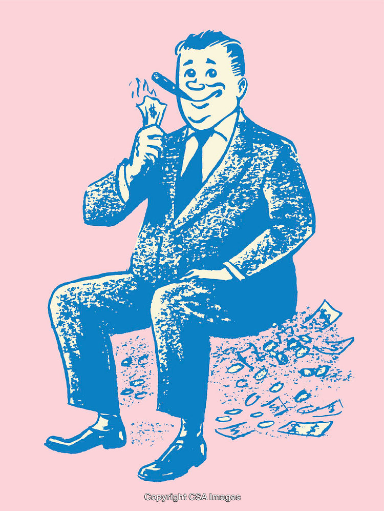 Illustration of a Smiling Businessman Sitting Among Money and Coins
