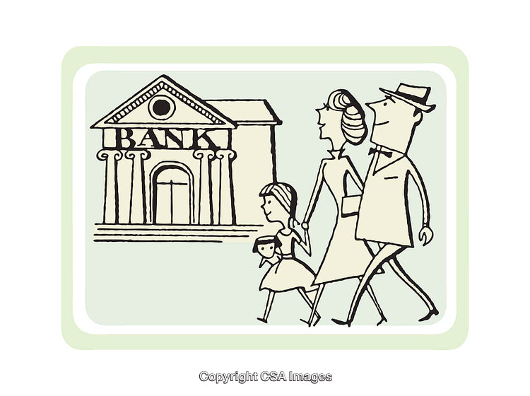 Family Visiting a Bank Building in Retro Illustration Style