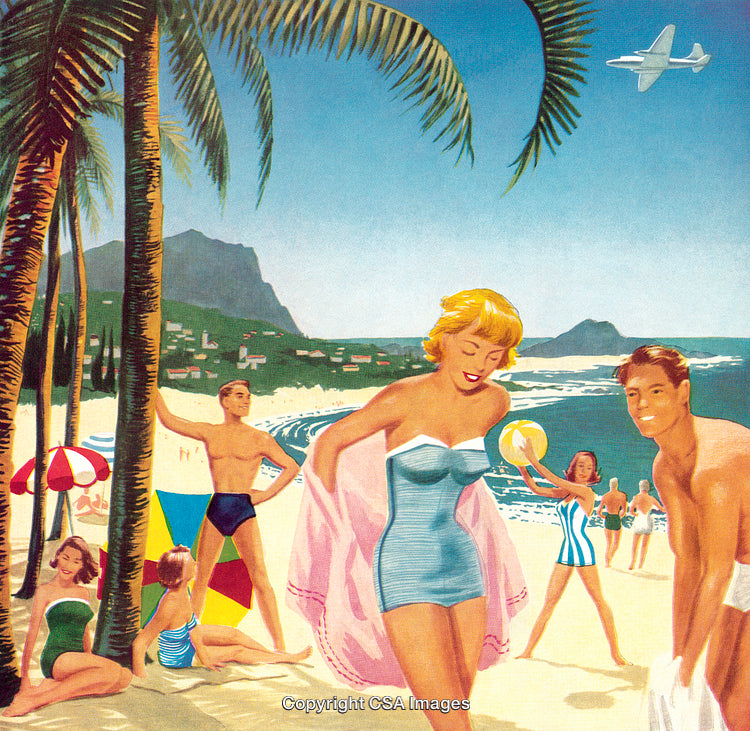 Vintage Beach Scene With People Enjoying Sun and Sand in Retro Style