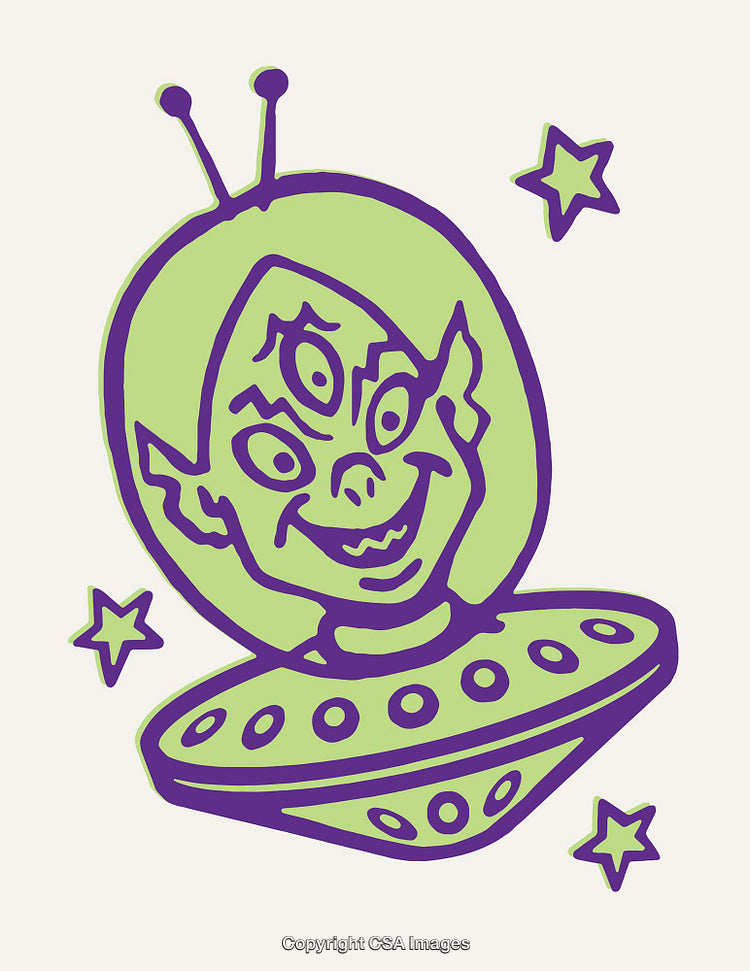 Colorful Line Art Illustration of Alien Creature in UFO with Stars