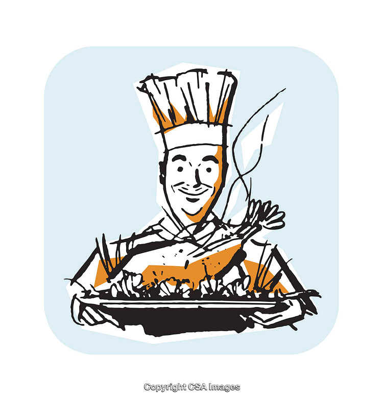 Cartoon Chef Presenting a Tray of Prepared Delicious Food