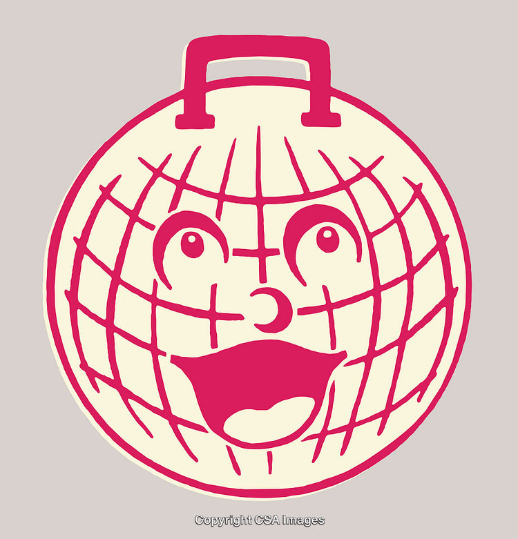 Smiling Earth Icon in Red and Cream Line Art Style