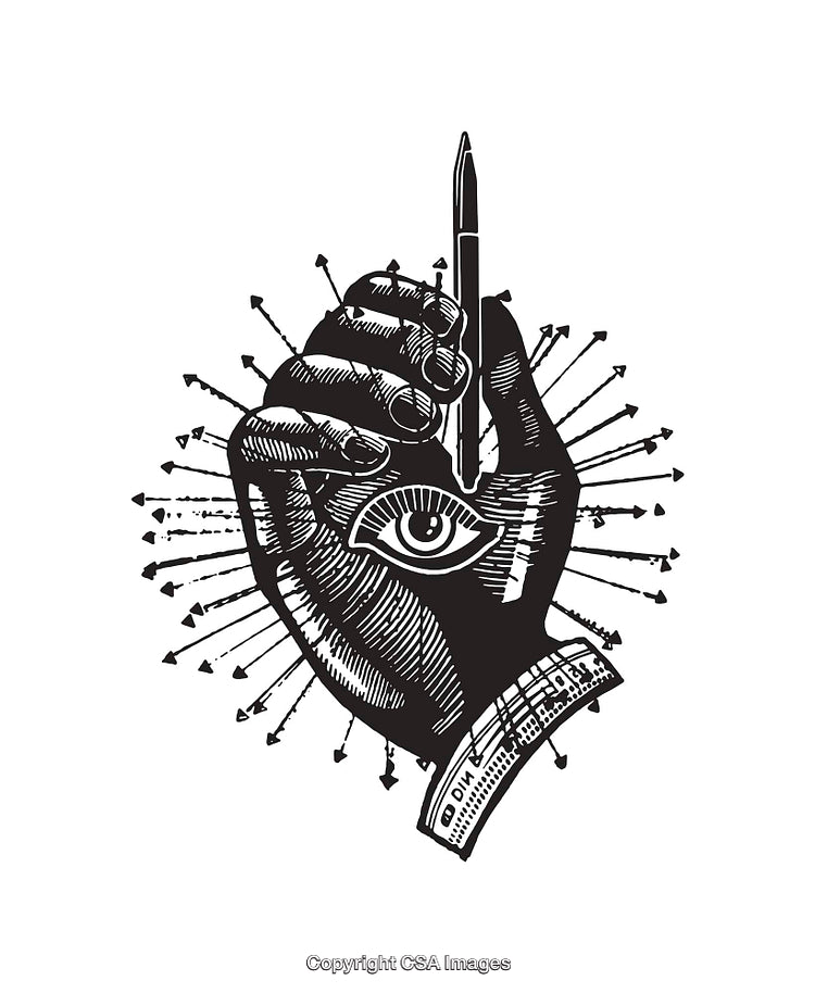 Black and White Line Art Illustration of a Hand Holding a Pen