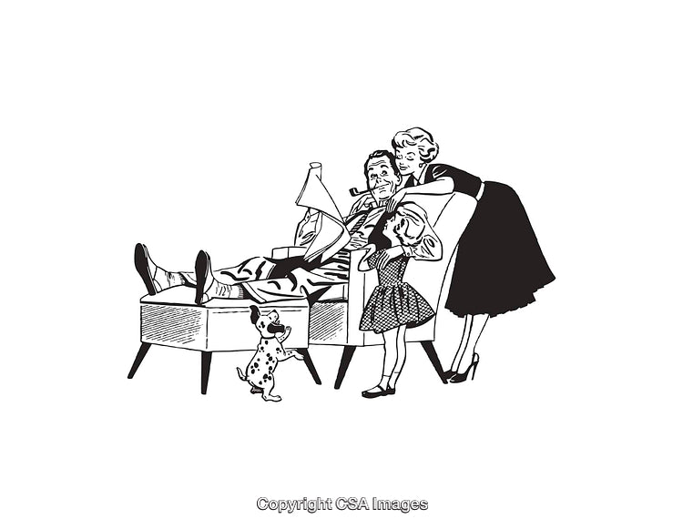 Retro Family Scene in Black and White Line Art Illustration