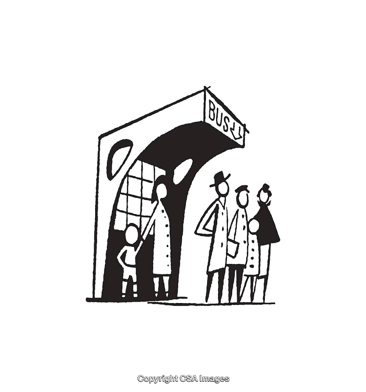 Black and White Line Art Illustration of People at a Bus Stop