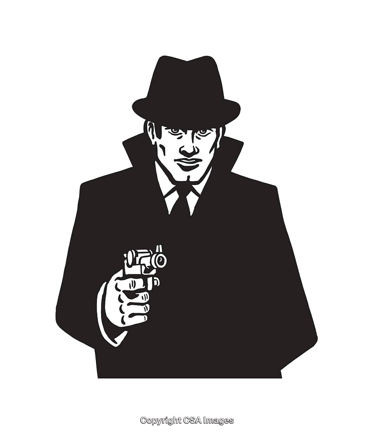 Black And White Line Art Mystery Detective In Trench Coat