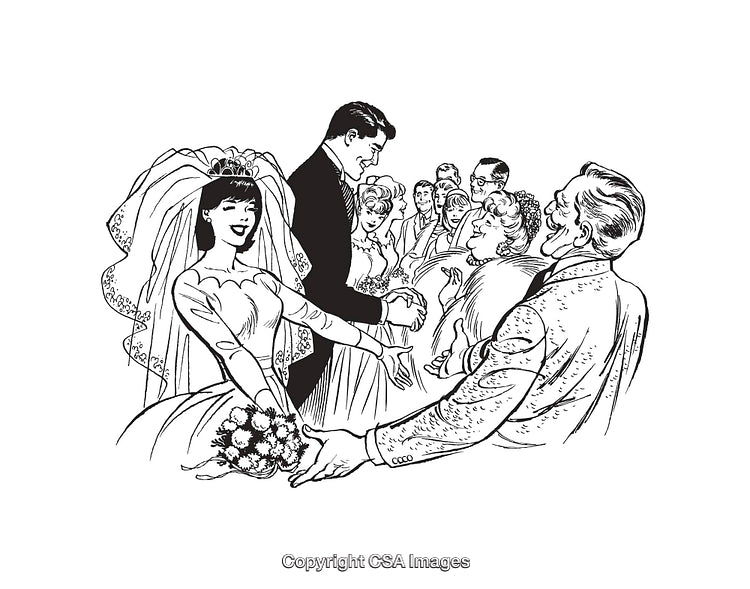 Vintage Line Art of a Wedding Ceremony with Bride and Groom Greeting Guests