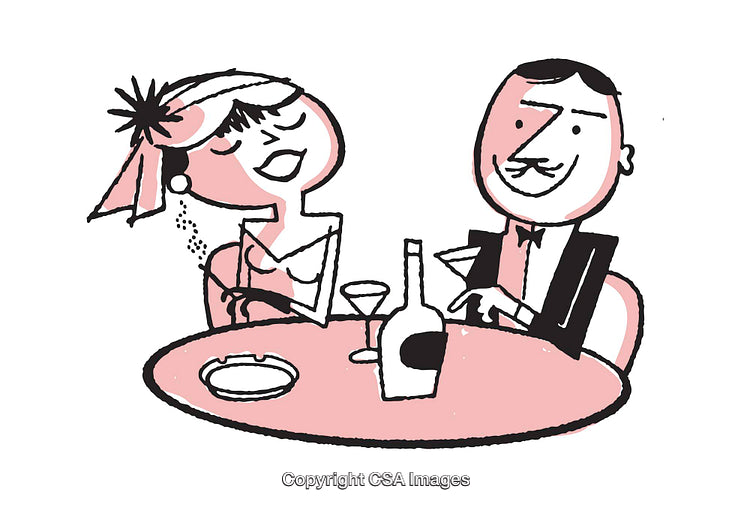 Playful Illustration of a Couple Enjoying a Meal and Drinks Together
