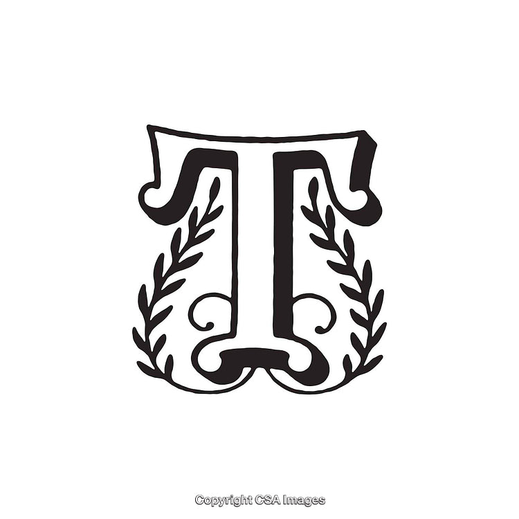 Black Ornate Letter T with Flourish Design and Decorative Elements