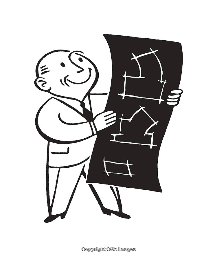 Retro Style Line Art Showing an Architect Holding a Blueprint